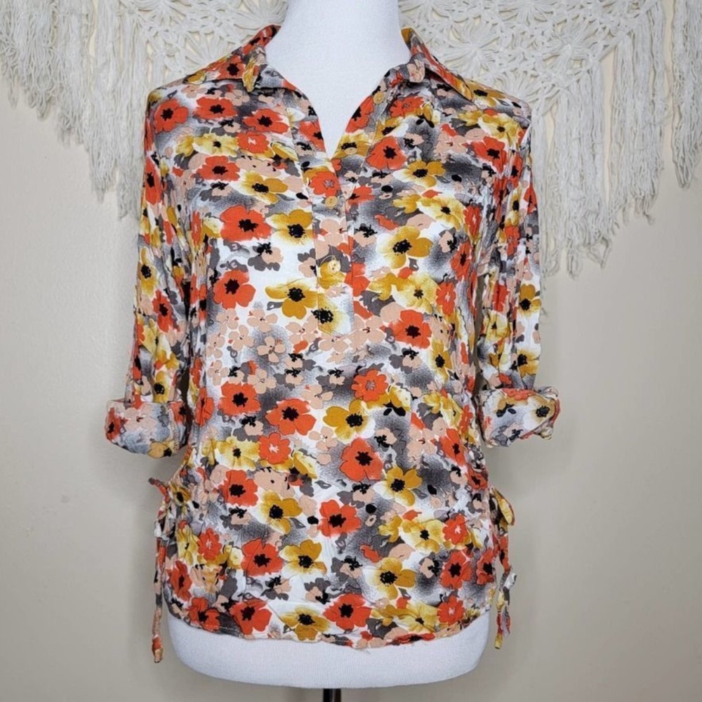 Ms Bella D Floral Long Sleeve Tie Hip Blouse Orange Gray Pink Size Large